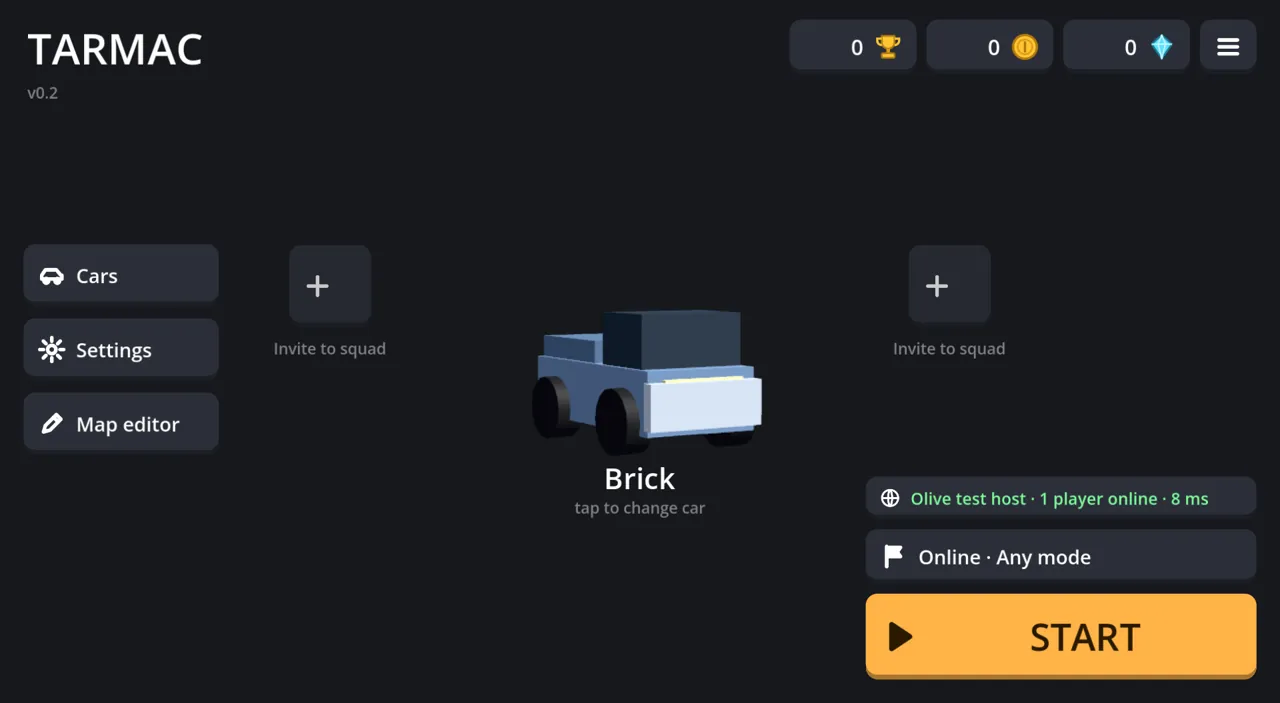 The main menu, connected to a server